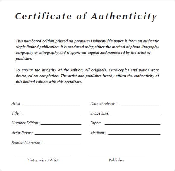 Certificate Of Authenticity Templates Word Excel PDF Formats