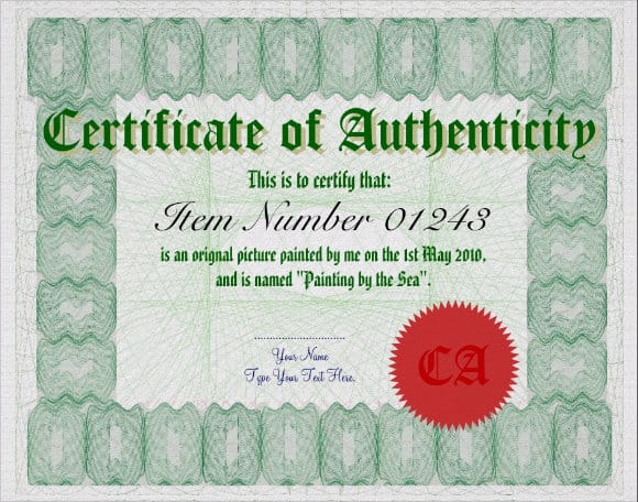 certificate of authenticity 741 - Templates Front